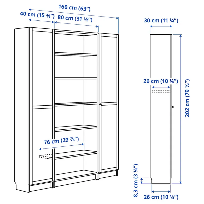 IKEA BILLY БІЛЛІ / OXBERG ОКСБЕРГ, комбінація книжк шаф з склян дверц, під дуб, 160x202 см 894.835.42 фото №7