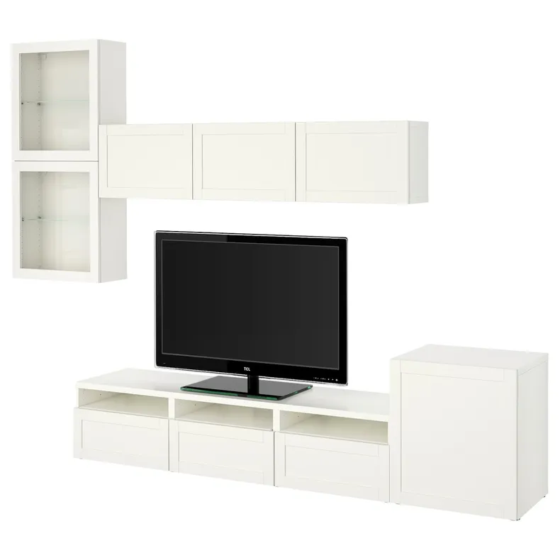 IKEA BESTÅ БЕСТО, шкаф для ТВ, комбин / стеклян дверцы, Белое / Ханвикенское белое прозрачное стекло, 300x42x211 см 294.069.24 фото №1