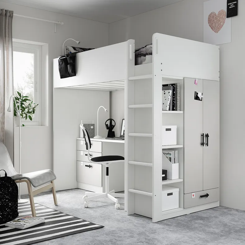 IKEA SMÅSTAD СМОСТАД, кровать-чердак, Белый серый с письменным столом с 2 полками, 90x200 см 695.202.58 фото №3
