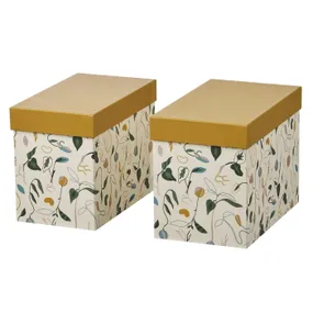 IKEA DAKSJUS ДАКСЬЮС, коробка с крышкой, 2 шт., Мелкий цветочный узор в бело-желто-коричневой гамме 405.670.48 фото