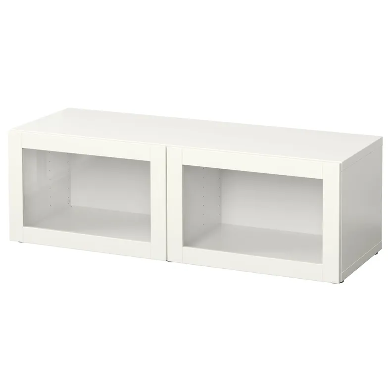 IKEA BESTÅ БЕСТО, секція полиць зі скляними дверцятам, білий / СІНДВІК білий прозоре скло, 120x42x38 см 990.476.59 фото №1