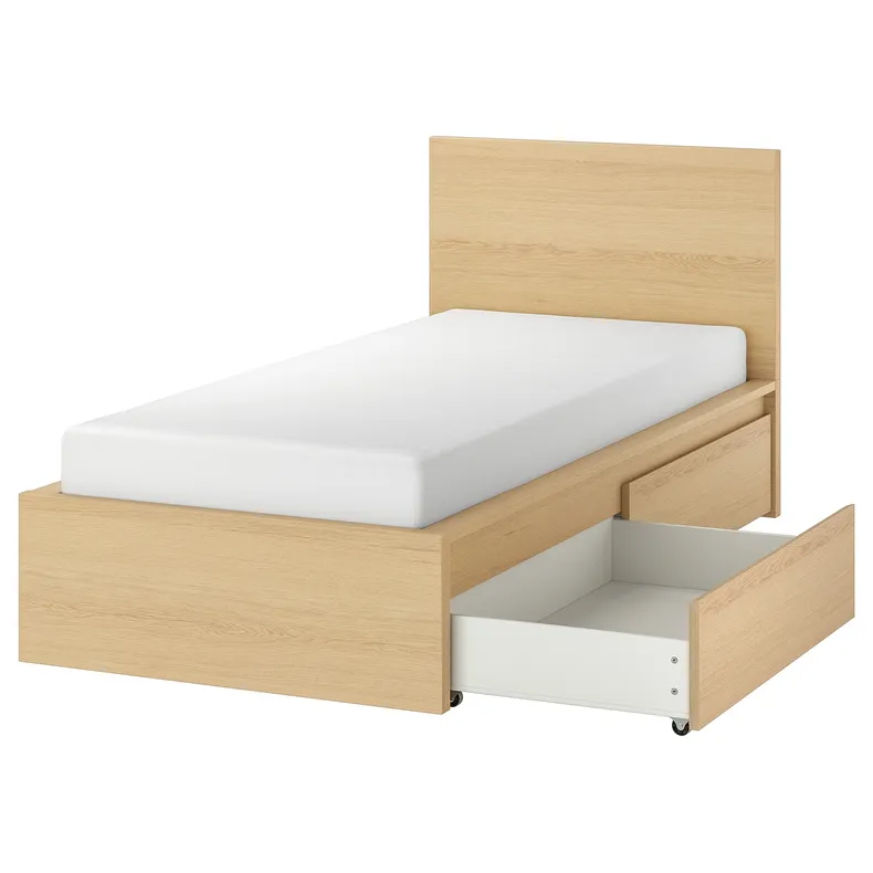 IKEA MALM МАЛЬМ, каркас кровати+2 кроватных ящика, дубовый шпон, беленый / Лурой, 90x200 см 591.323.10 фото №1