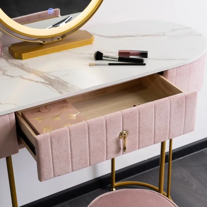 Туалетний столик з пуфом MEBEL ELITE ASHLEY, рожевий / золотий фото №4