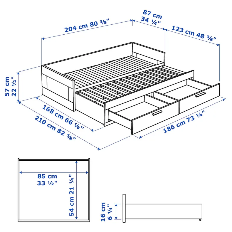 IKEA BRIMNES БРІМНЕС, кушетка, 2 шухляди, 2 матраци, білий, ОФЙЕЛЛ жорсткий, 80x200 см фото №10