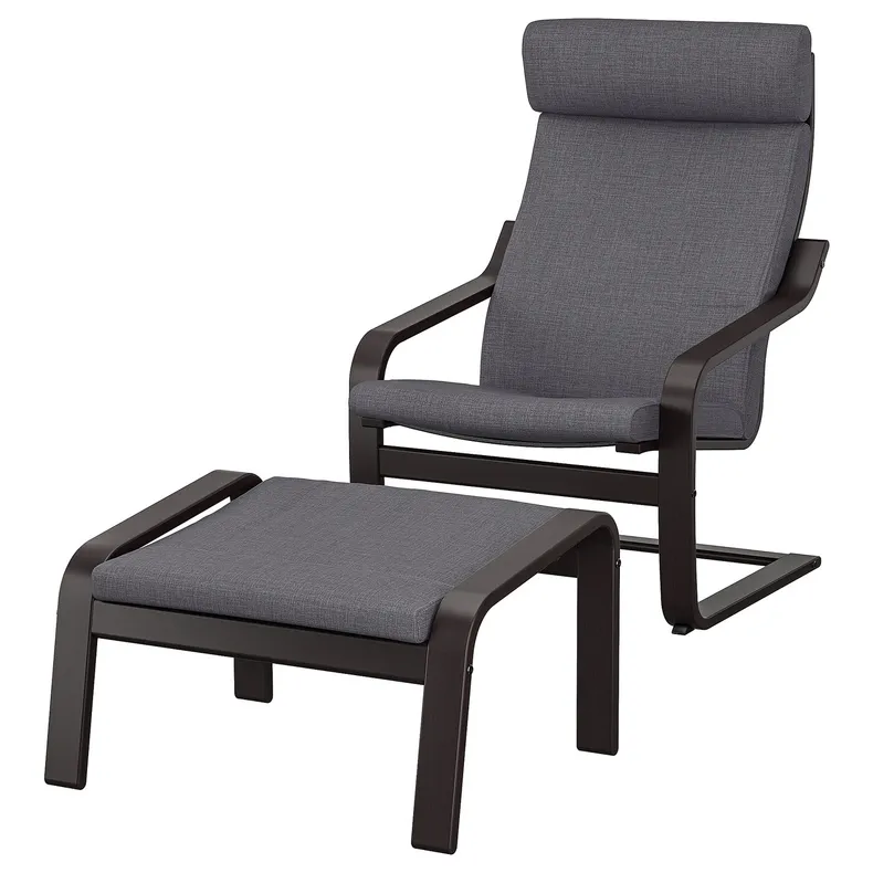 IKEA POÄNG ПОЭНГ, кресло с табуретом для ног, черный / коричневый / темно-серый Skiftebo 494.842.99 фото №1