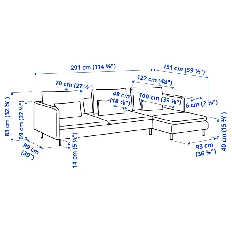 IKEA SÖDERHAMN СЕДЕРХАМН, 4-місний диван із кушеткою, Сіра бірюза Kelinge 195.290.44 фото №7