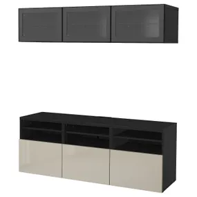IKEA BESTÅ БЕСТО, комбінація шаф для тв / скляні дверц, чорне / коричневе / Selsviken глянцеве / бежеве прозоре скло, 180x42x192 см 394.072.06 фото