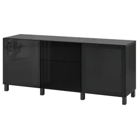 IKEA BESTÅ БЕСТО, модуль для зберігання із шухлядами, чорне / коричневе / Selsviken / Stubbarp high gloss / чорне димчасте скло, 180x42x74 см 193.026.96 фото