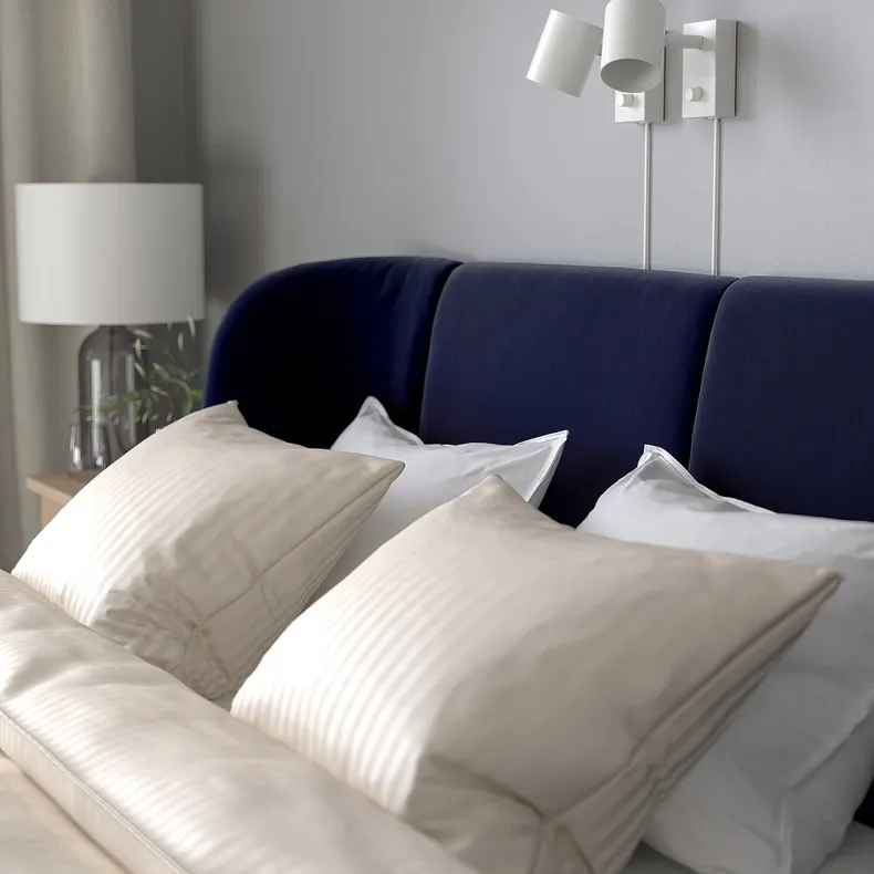 IKEA TUFJORD ТЮФЬЁРД, каркас кровати с обивкой, Талмира черно-синяя / Лёнсет, 160x200 см 495.553.38 фото №5