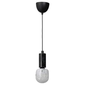 IKEA MARKFROST МАРКФРОСТ / MOLNART МОЛЬНАРТ, підвісний світильник із лампою, чорний мармур/трубоподібний білий/прозоре скло 994.945.64 фото