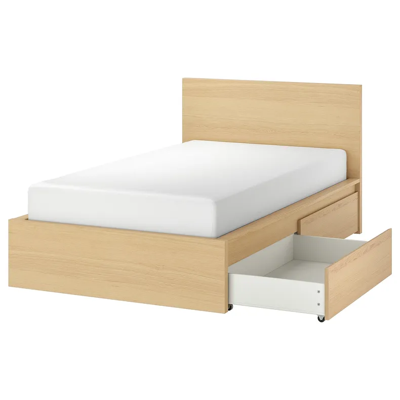 IKEA MALM МАЛЬМ, каркас ліжка, високий, 2 крб д / збер, шпон дуба білого мореного / Luröy, 120x200 см 991.323.08 фото №1