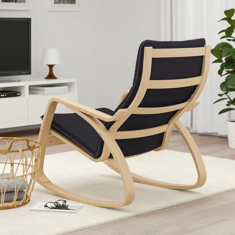 IKEA POÄNG ПОЭНГ, кресло-качалка, Шпон дуба, окрашенный в белый / черный цвет 494.292.41 фото №3