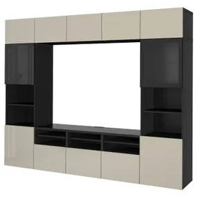 IKEA BESTÅ БЕСТО, шкаф для ТВ, комбин / стеклян дверцы, черный / коричневый / сельсвикенский глянец / бежевое прозрачное стекло, 300x42x231 см 694.110.23 фото