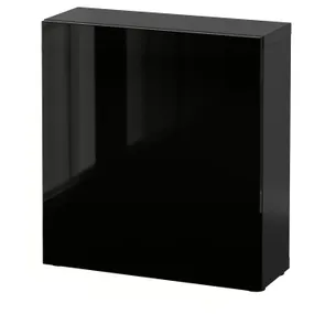 IKEA BESTÅ БЕСТО, секція полиць із дверцятами, чорний / коричневий / Selsviken глянцевий / чорний, 60x22x64 см 590.468.31 фото