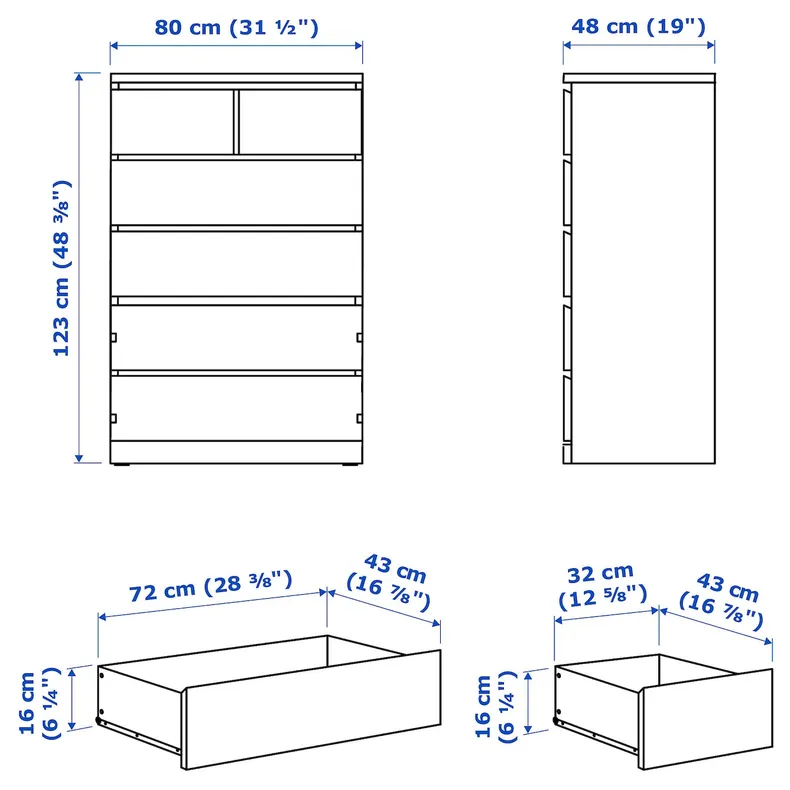 IKEA MALM МАЛЬМ, комод с 6 ящиками, черный и коричневый, 80x123 см 704.036.06 фото №6
