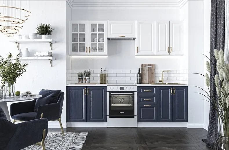 Кухонний гарнітур HALMAR VIKTORIA 240 см : корпус : білий, фасад : темно-синій / білий фото №1