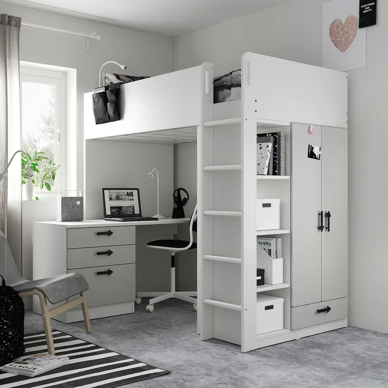 IKEA SMÅSTAD СМОСТАД, кровать-чердак, Белый серый с письменным столом с 4 ящиками, 90x200 см 094.355.88 фото №4