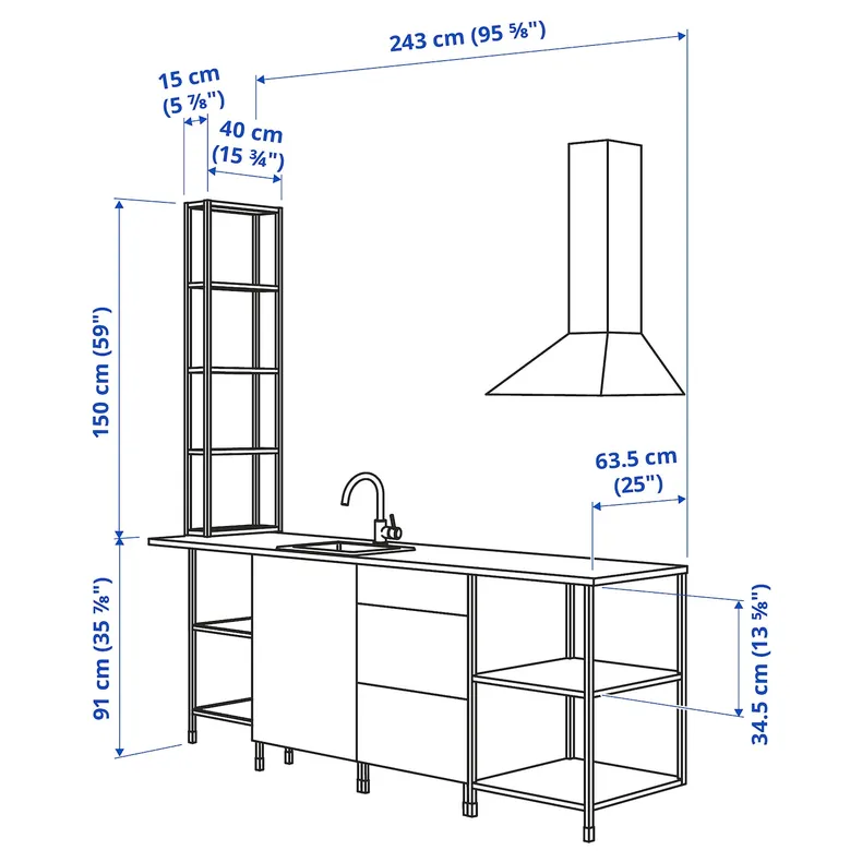 IKEA ENHET ЭНХЕТ, кухня, белый / имит. дуб, 243x63.5x241 см 593.381.70 фото №3