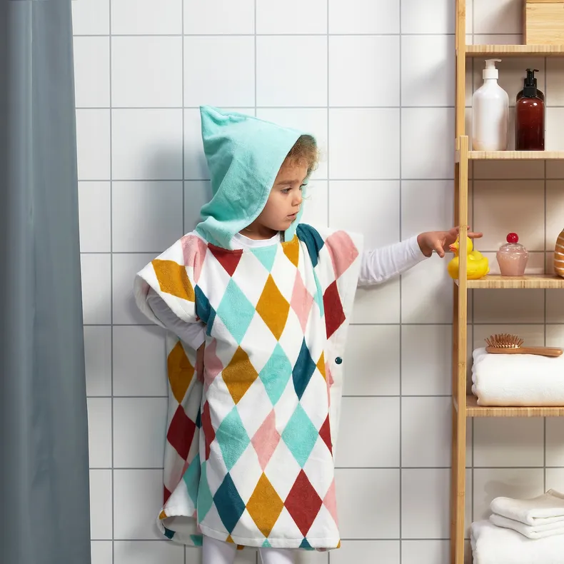 IKEA BUSENKEL БУСЕНКЕЛЬ, пончо з капюшоном для ванної, орнамент арлекін/різнобарвний, 70x55 см 305.204.24 фото №2