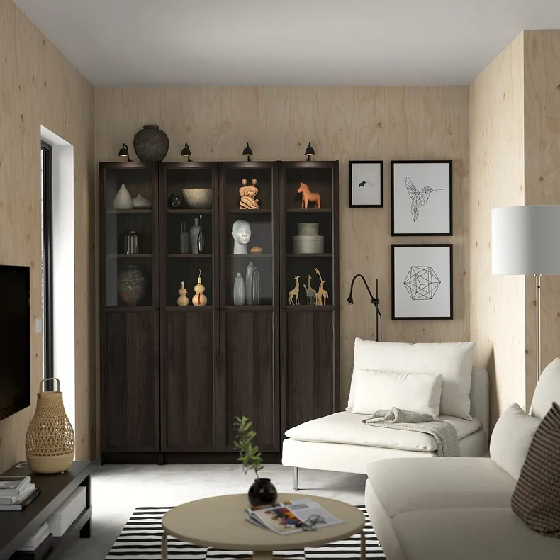 IKEA BILLY БИЛЛИ / OXBERG ОКСБЕРГ, стеллаж + глухие / стеклянные дверцы, темно-коричневая имитация дуб, 160x202 см 994.835.46 фото №2