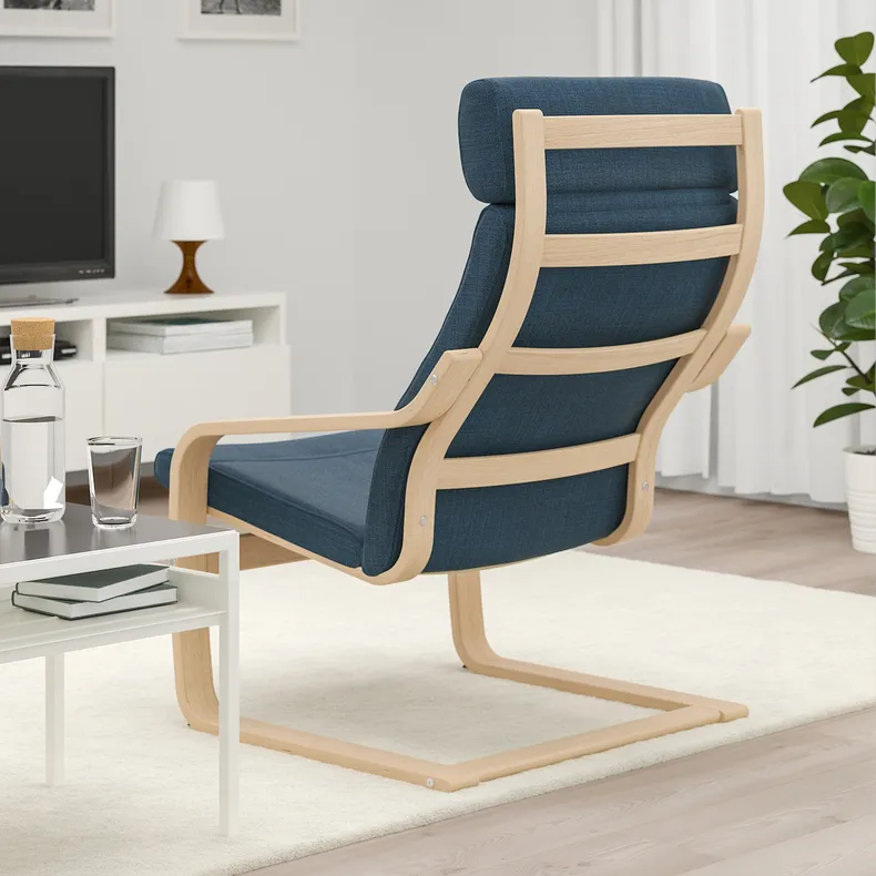 IKEA POÄNG ПОЭНГ, кресло, Шпон дуба, окрашенный в белый / темно-синий цвет 092.865.88 фото №3