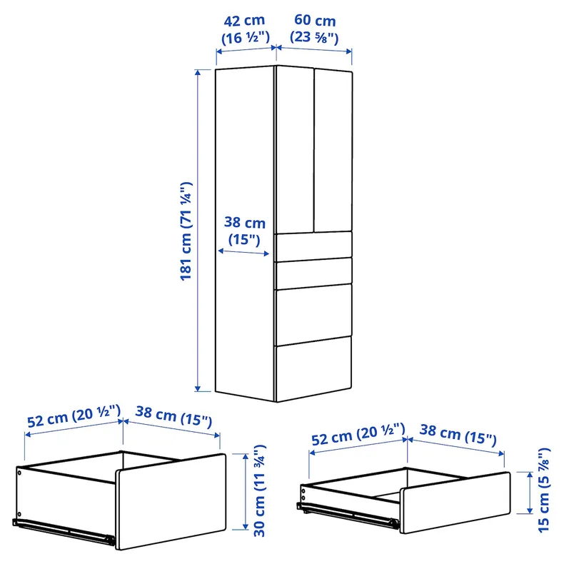 IKEA SMÅSTAD СМОСТАД / PLATSA ПЛАТСА, гардероб, білий білий / з 4 шухлядами, 60x42x181 см 994.263.63 фото №6