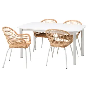 IKEA STRANDTORP СТРАНДТОРП / NILSOVE НІЛЬСОВЕ, стіл+4 стільці, білий / ротанговий білий, 150 / 205 / 260 см 993.886.67 фото