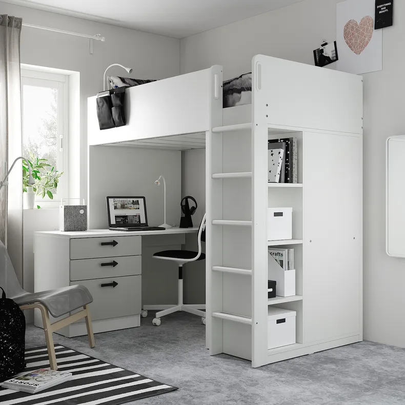 IKEA SMÅSTAD СМОСТАД, кровать-чердак, Белый серый с письменным столом с 2 полками, 90x200 см 695.202.58 фото №2