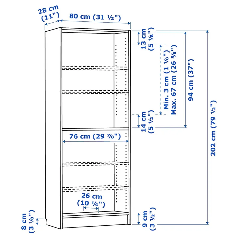IKEA BILLY БІЛЛІ, книжкова шафа, чорний під дуб, 80x28x202 см 404.773.40 фото №6