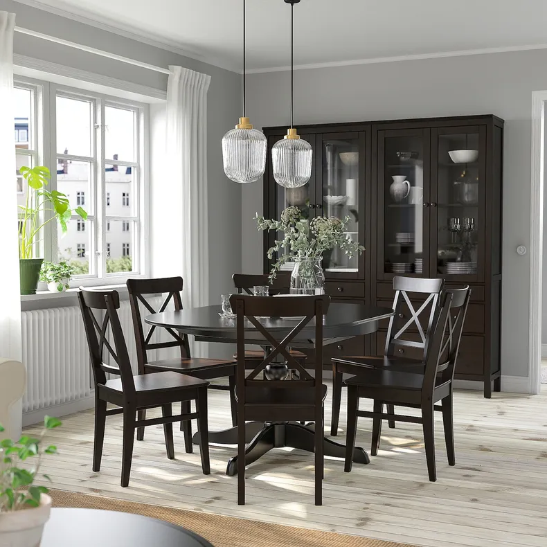 IKEA INGATORP ИНГАТОРП / INGOLF ИНГОЛЬФ, стол и 6 стульев, черный / коричнево-чёрный, 110 / 155 см 494.833.08 фото №2