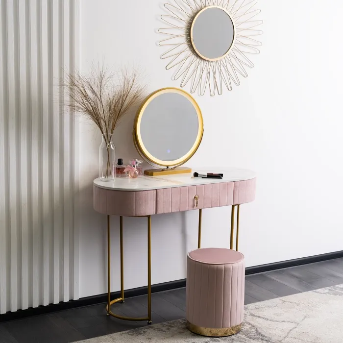 Туалетний столик з пуфом MEBEL ELITE ASHLEY, рожевий / золотий фото №2
