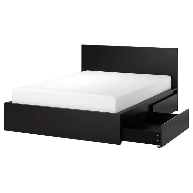 IKEA MALM МАЛЬМ, каркас ліжка, високий, 4 крб д / збер, чорний / коричневий / Лейрсунд, 160x200 см 590.199.17 фото №1