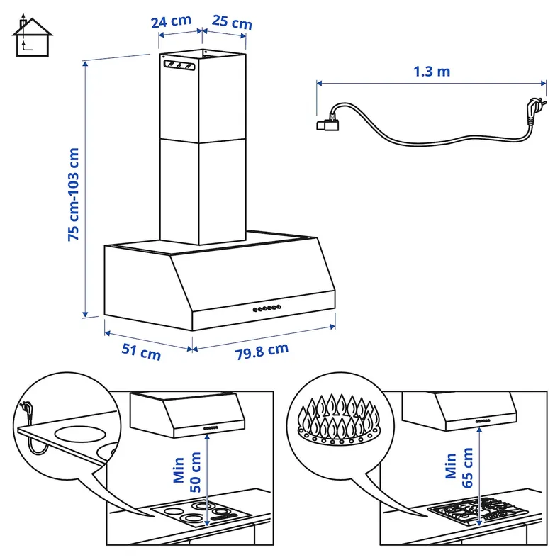 IKEA UPPFRISKANDE УППФРИСКАНДЕ, вытяжка кухонная стен креп (колпак), сталь, 80 см 205.270.20 фото №10