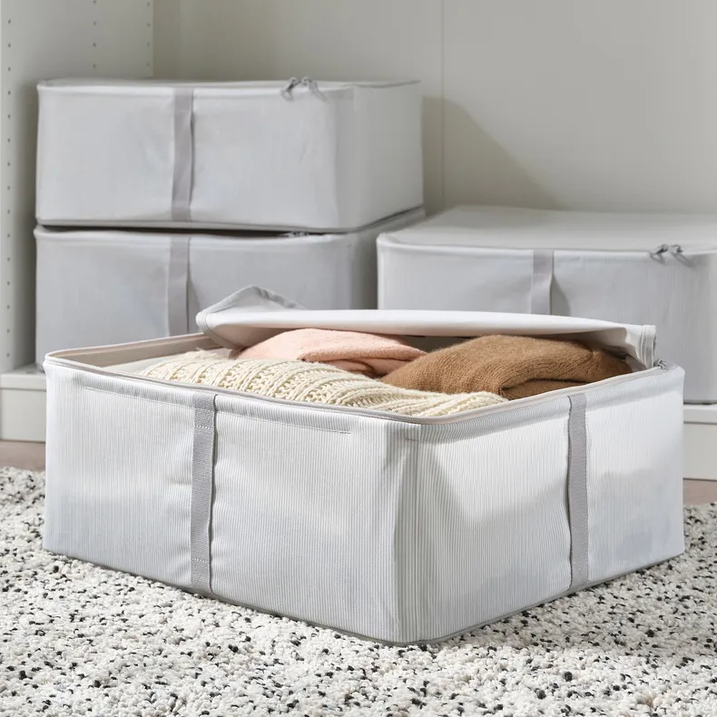 IKEA HEMMAFIXARE ХЕММАФІКСАРЕ, коробка для зберігання, тканина смугастий / білий / сірий, 44x51x19 см 205.039.10 фото №2