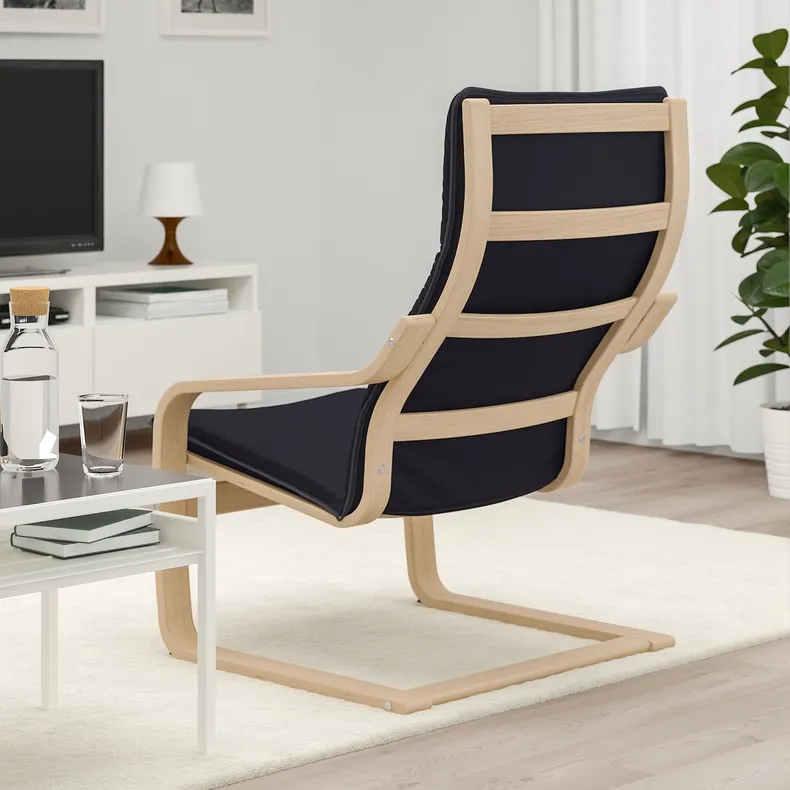 IKEA POÄNG ПОЭНГ, кресло, Шпон дуба, окрашенный в белый / черный цвет 092.866.06 фото №3