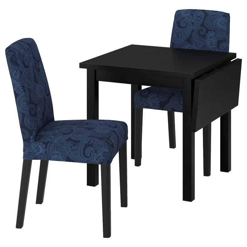 IKEA NORDVIKEN НОРДВІКЕН / BERGMUND БЕРГМУНД, стіл+2 стільці, чорний/Kvillsfors Квіллсфорс т-синій/синій чорний, 74/104 см 695.715.92 фото №1