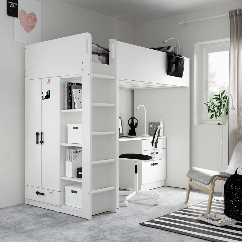 IKEA SMÅSTAD СМОСТАД, кровать-чердак, белый с письменным столом с 4 ящиками, 90x200 см 994.288.66 фото №5