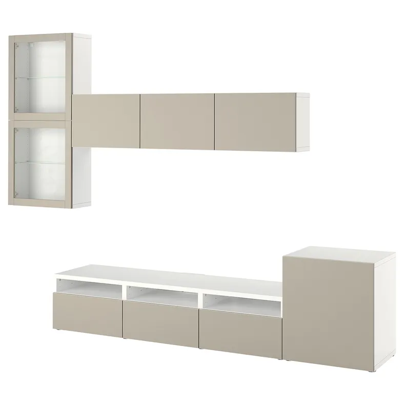 IKEA BESTÅ БЕСТО, комбінація шаф для тв/скляні дверц, біле скло Lappviken / світло-сіре бежеве прозоре скло, 300x42x211 см 094.178.48 фото №1