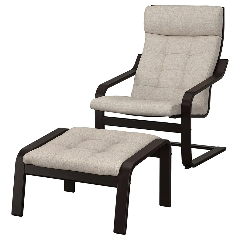 IKEA POÄNG ПОЕНГ, крісло та підставка для ніг, чорний / коричневий / бежевий Gunnared 095.020.02 фото №1