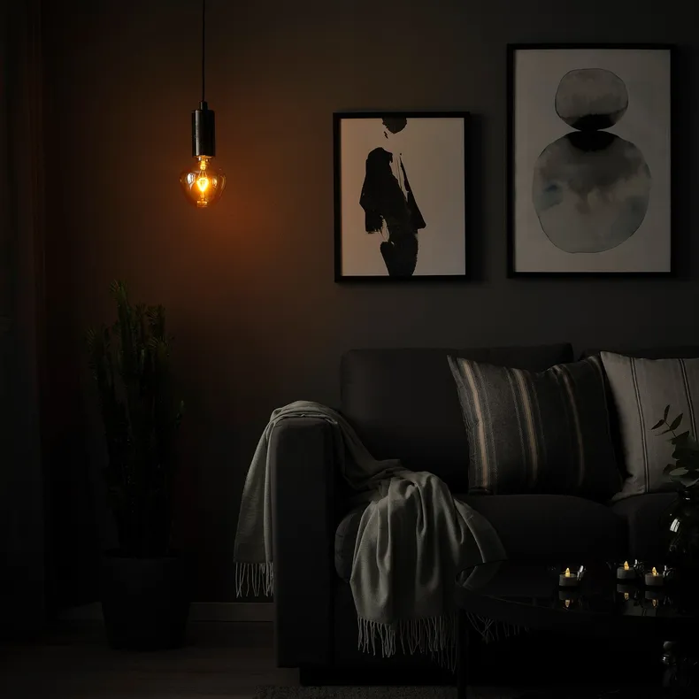 IKEA MARKFROST МАРКФРОСТ / MOLNART МОЛНАРТ, подвесной светильник с лампочкой, Черный мрамор / колокольчик коричневого цвета из прозрачного стекла 994.913.39 фото №3