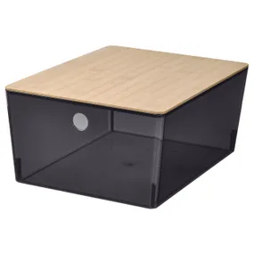 IKEA KUGGIS КУГГІС, коробка з кришкою, прозорий чорний / бамбук, 26x35x15 см 095.612.99 фото