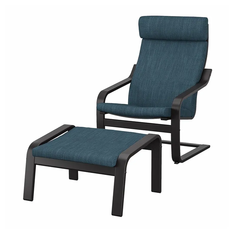 IKEA POÄNG ПОЕНГ, крісло та підставка для ніг, чорно-коричневий / ХІЛЛАРЕД темно-синій 294.842.81 фото №1
