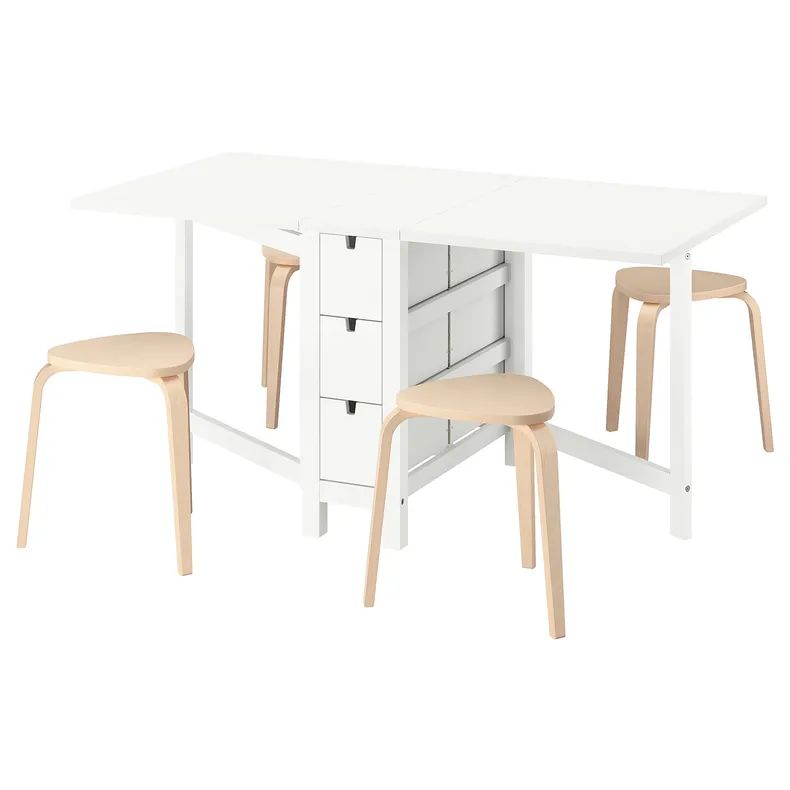 IKEA NORDEN НОРДЕН / KYRRE КЮРРЕ, стол и 4 табурета, белый / берёзовый, 26 / 89 / 152 см 795.688.29 фото №1