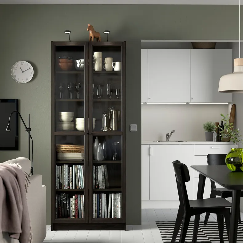 IKEA BILLY БИЛЛИ / OXBERG ОКСБЕРГ, стеллаж со стеклянными дверцами, темно-коричневая имитация дуб, 80x30x202 см 194.833.19 фото №3
