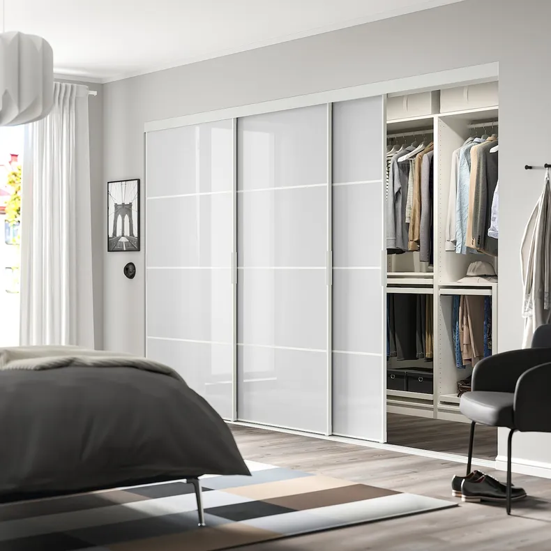 IKEA SKYTTA СКЮТТА / PAX ПАКС, гардеробная с раздвижными дверями, белый Хокксунд / светло-серый глянец, 301x160x205 см 095.230.09 фото №2