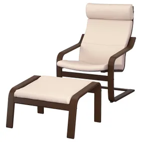 IKEA POÄNG ПОЭНГ, кресло с табуретом для ног, коричневый / Глосе белый с оттенком 995.510.74 фото