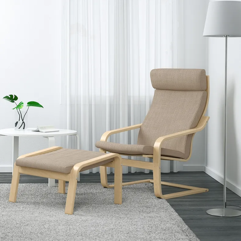 IKEA POÄNG ПОЕНГ, крісло та підставка для ніг, березовий шпон / ХІЛЛАРЕД бежевий 394.842.71 фото №2