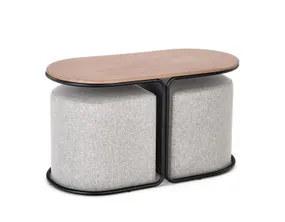 Журнальний столик дерев'яний з пуфами HALMAR PAMPA, 88/43/49 см, верх : горіх, ніжки : чорний, тканина: сірий фото
