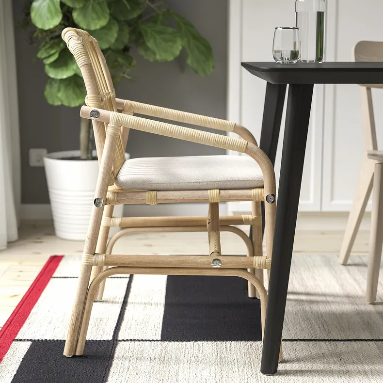 IKEA LISABO ЛИСАБО / SALNÖ САЛЬНО, стол+4 стула с подлокотниками, черный ротанг / натуральный ротанг 495.646.15 фото №3