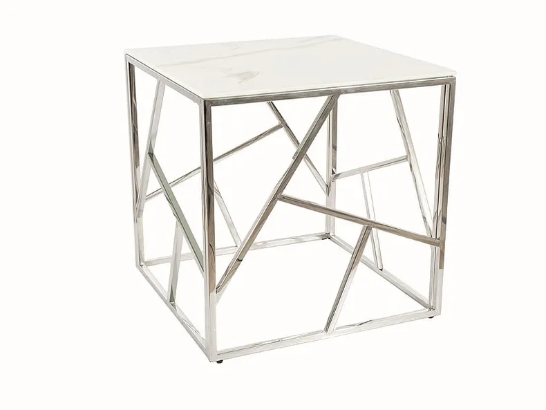 Журнальный столик стеклянный SIGNAL ESCADA B II, 55x55 см, белый мрамор / серебро фото №1
